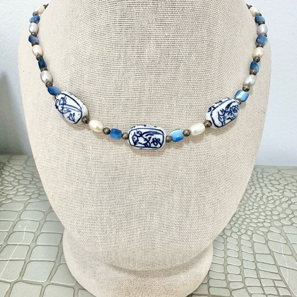 Vintage Blue/White Chinese Porcelain With Fresh Water Pearls Beaded 925 Necklace